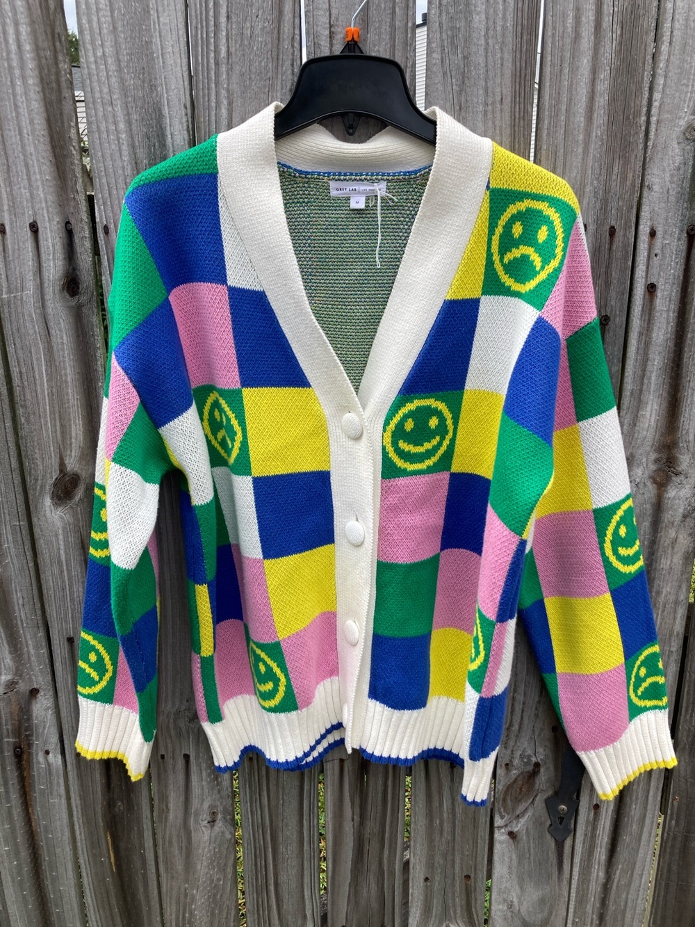 GREY LAB Color-Block SmileyFace V-Neck Cardigan-Size Medium